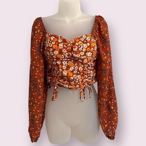 Madden NYC Floral Peasant Crop Top Boho Long Sleeve Smocked Size M